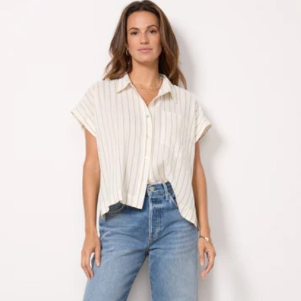 Evereve Pistola Green Striped button down shirt Lara Shirt Relaxed Fit Flowy